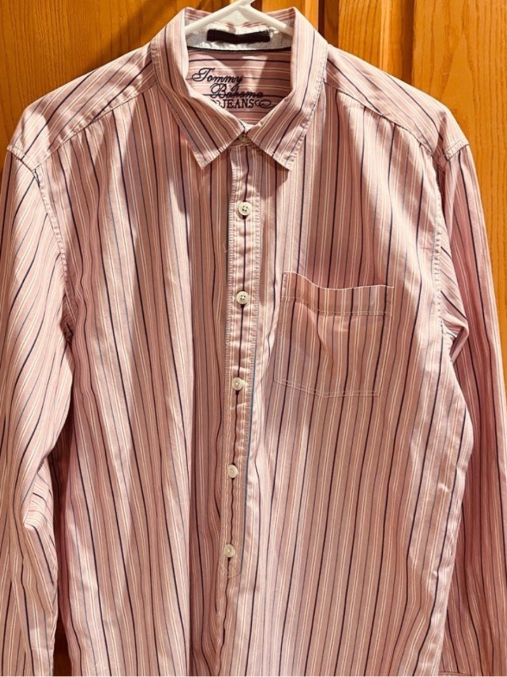 Tommy Bahama Jeans Men’s Pink Blue & White Striped Button Down Shirt Size Large